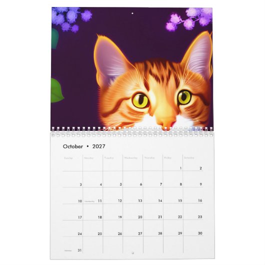 猫芸術的と水彩変化する花 カレンダー (10月 2027)
