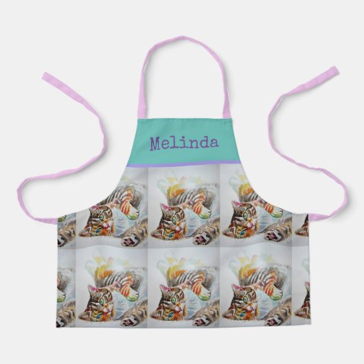 猫虎猫パステルキャッツキッズピンクアクアガールズエプロン エプロン (正面)