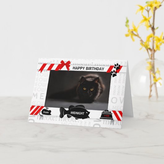 猫誕生日の赤ペットの写真と名前から カード (黄色い花)