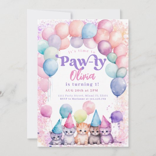 猫誕生日キッテンパーティーポーティガール 招待状 (正面)