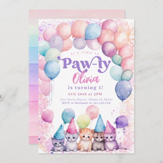 猫誕生日キッテンパーティーポーティガール 招待状 (正面/裏面)