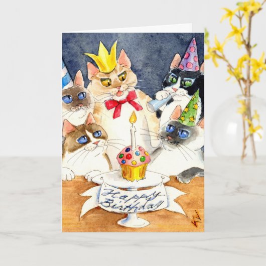 猫誕生日パーティーのグリーティングカード カード (黄色い花)