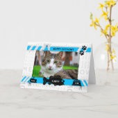 猫誕生日ブルーのペットの写真と名前から カード (黄色い花)