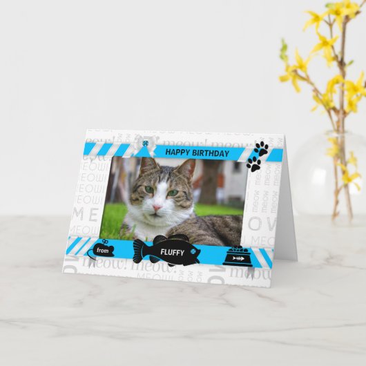 猫誕生日ブルーのペットの写真と名前から カード (黄色い花)