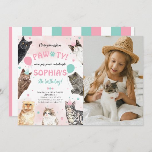 猫誕生日ポーティ写真 招待状 (正面/裏面)