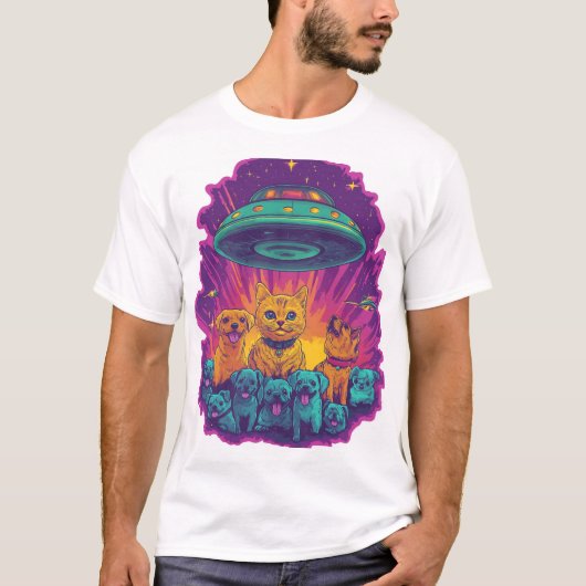 猫誘拐班 宇宙人と猫の面白いSF Tシャツ (正面)