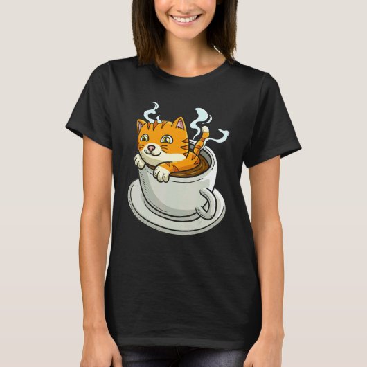 猫語り手 コーヒーを飲む カフェイン中毒 Tシャツ (正面)