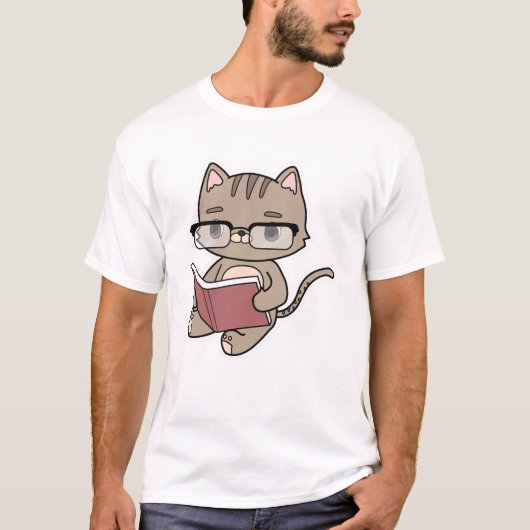 猫読が本を持つ Tシャツ (正面)