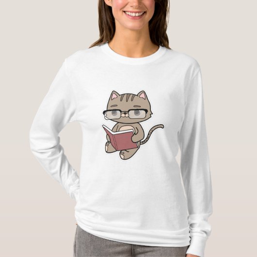 猫読が本を持つ Tシャツ (正面)
