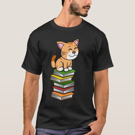 猫読と本を重ねて Tシャツ (正面)