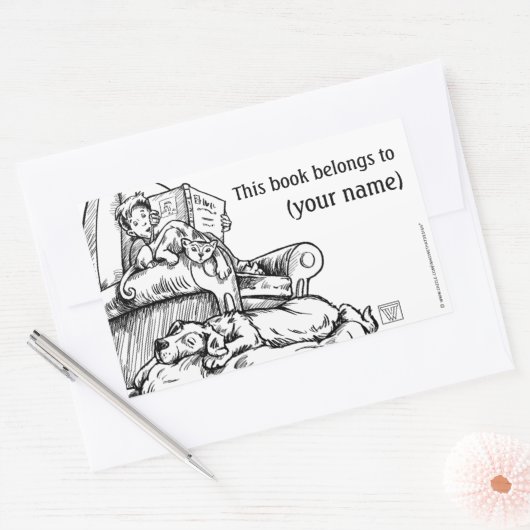 猫読と犬の本のプレート 長方形シール (封筒)