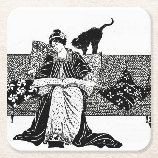 猫読訛りの女性 スクエアペーパーコースター (正面)