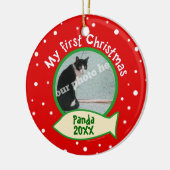 猫赤い私の初めてのクリスマスおよび緑ペット写真 セラミックオーナメント (左)