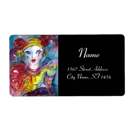 猫赤ピンク紫イエローブラックのピエロ ラベル (正面)