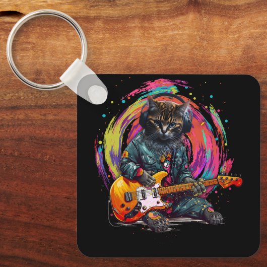 猫遊のエレクトリックギターロック重金属音楽 キーホルダー (正面)