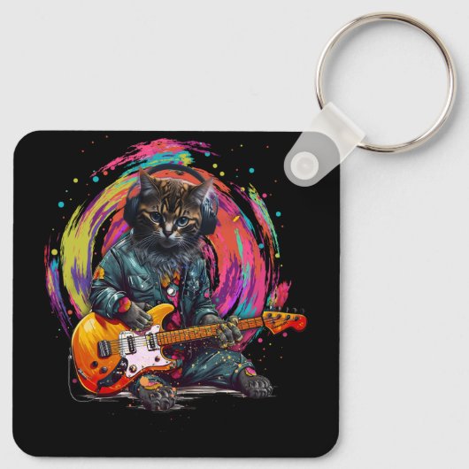猫遊のエレクトリックギターロック重金属音楽 キーホルダー (裏面)