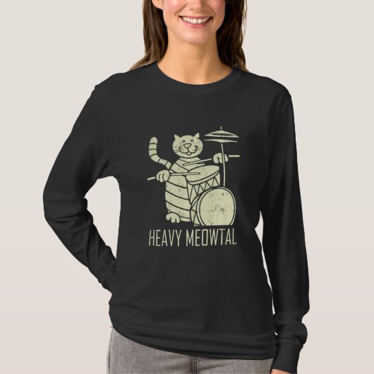 猫遊のドラム重おもしろい肉猫ドラム Tシャツ (正面)