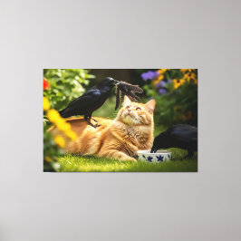 猫遊羽付きカラス キャンバスプリント