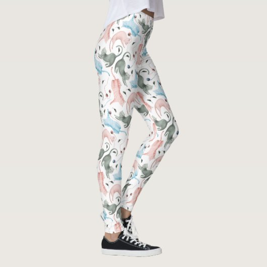 猫間抜けと糸の水彩イラストレーション模様 レギンス (右)