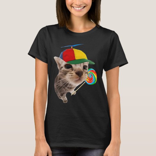 猫間抜け棒つきキャンデーミーム Tシャツ (正面)