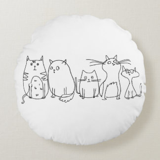 猫集団ラインアートマンガイラストレーション ラウンドクッション