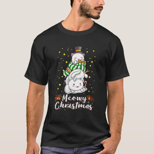 猫雪だるまムオウィキャットマスファミリーマッチングクリスマスパハ Tシャツ (正面)