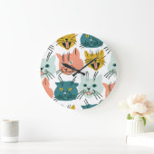 猫顔おもしろいヴィンテージパターン。 ラージ壁時計 (ホーム)