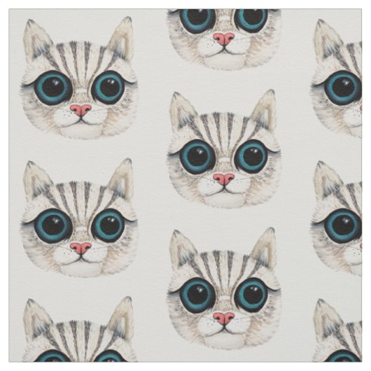 猫顔イラストレーション模様綿織物 ファブリック (見本)