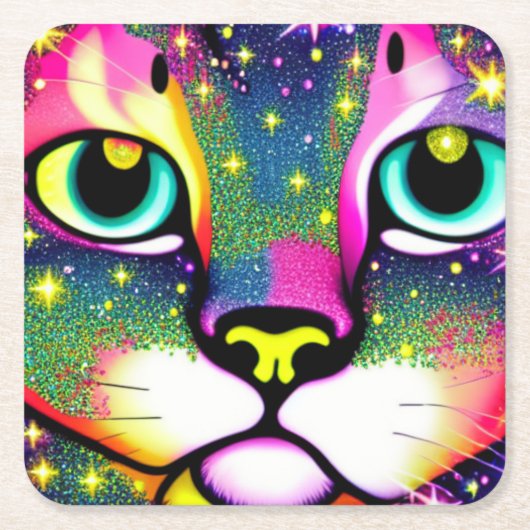 猫顔クローズアップポップ・アートのアート スクエアペーパーコースター (正面)