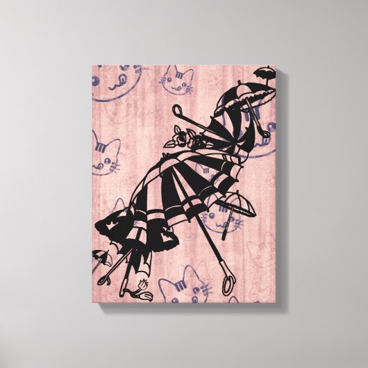 猫顔パラソルスアンブレラインクアートスケッチ キャンバスプリント (正面)