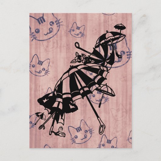 猫顔パラソルスアンブレラインクアートスケッチ ポストカード (正面)