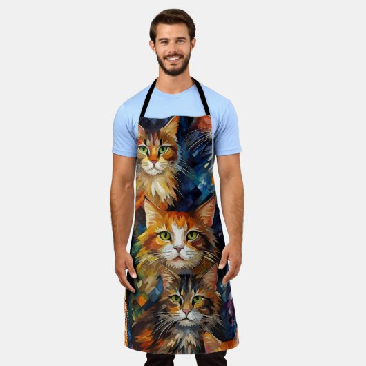 猫顔動物アート エプロン (着用した状態)
