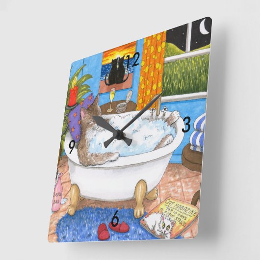 猫風呂おもしろい567猫 スクエア壁時計 (傾斜)