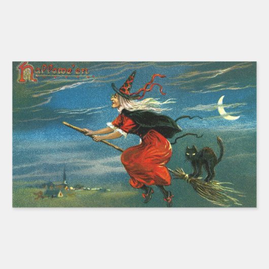 猫飛んでいるとハロウィンの魔女 長方形シール (正面)