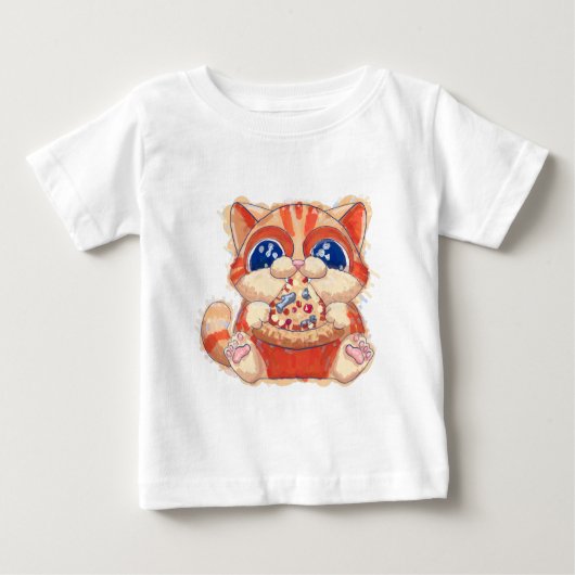 猫食べのピザカラー ベビーTシャツ (正面)