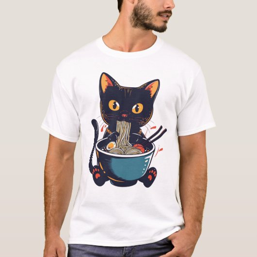 猫食べの麺アイロおもしろいンおっちょこちょいのシャツ Tシャツ (正面)