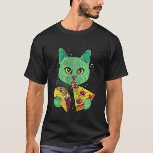猫食べ物のピザとタコの宇宙猫のおもしろいプレゼント Tシャツ