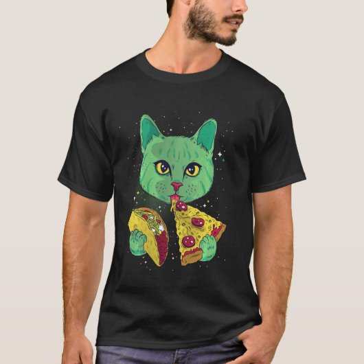 猫食べ物のピザとタコの宇宙猫のおもしろいプレゼント Tシャツ (正面)