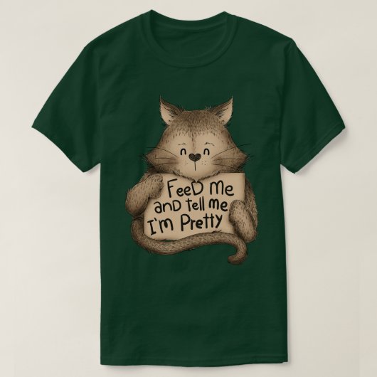 猫食べ物を与え茶とかわいらし言う Tシャツ (デザイン正面)