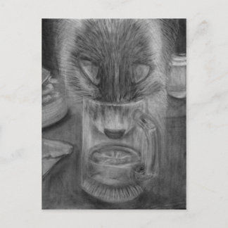 猫飲料水かわいいオリジナル炭スケッチ ポストカード