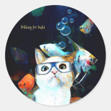猫魚すしユーモアおもしろいファンタジー丸ステッカー