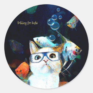 猫魚すしユーモアおもしろいファンタジー丸ステッカー ラウンドシール