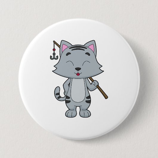 猫魚釣りフィッシャーフィンシングロッド 缶バッジ (正面)