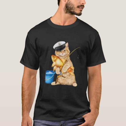 猫魚釣りプレゼント魚釣り猫好きメンズ Tシャツ (正面)