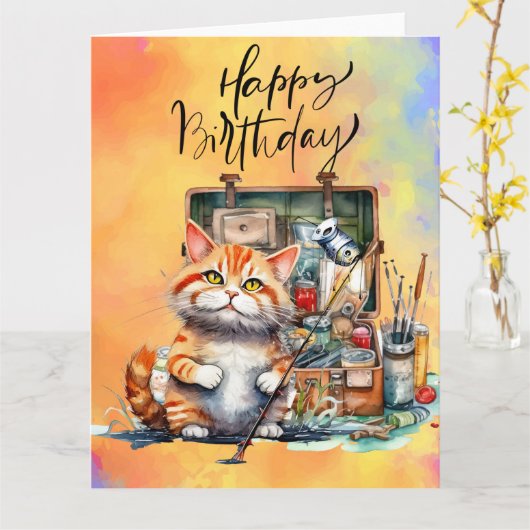 猫魚釣り好きの誕生日の水彩 カード (黄色い花)