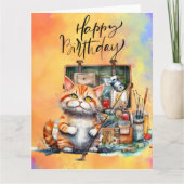 猫魚釣り好きの誕生日の水彩 カード (正面)