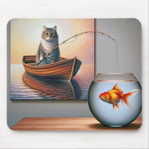 猫魚釣り絵を描と金魚 マウスパッド