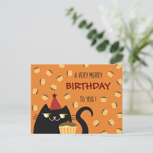 猫黒かわいいバースデーケーキカラ鮮やかーモダン シーズンポストカード (スタンド正面)