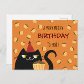 猫黒かわいいバースデーケーキカラ鮮やかーモダン シーズンポストカード (正面/裏面)
