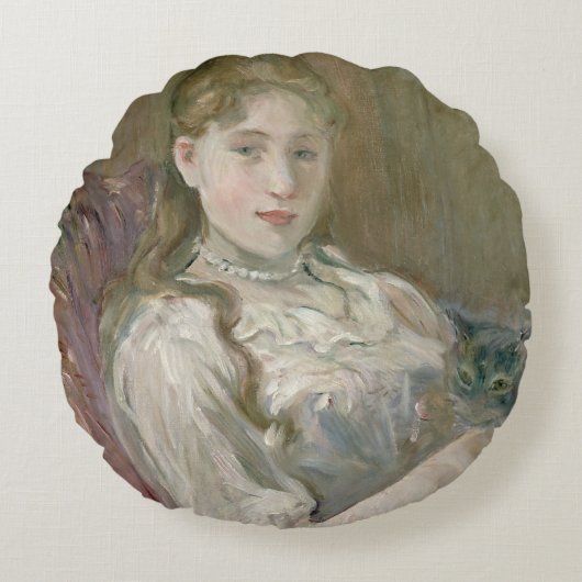 猫1892年を持つ若い女の子 ラウンドクッション (正面)